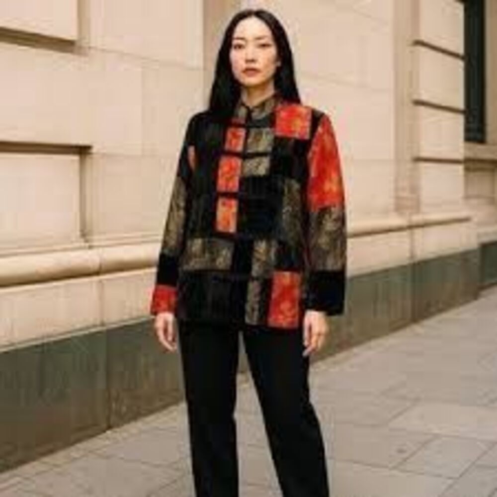 Chico’s Silk Blend Asian Inspired Velvet Patchwork Tunic Top Sz 3 (16)